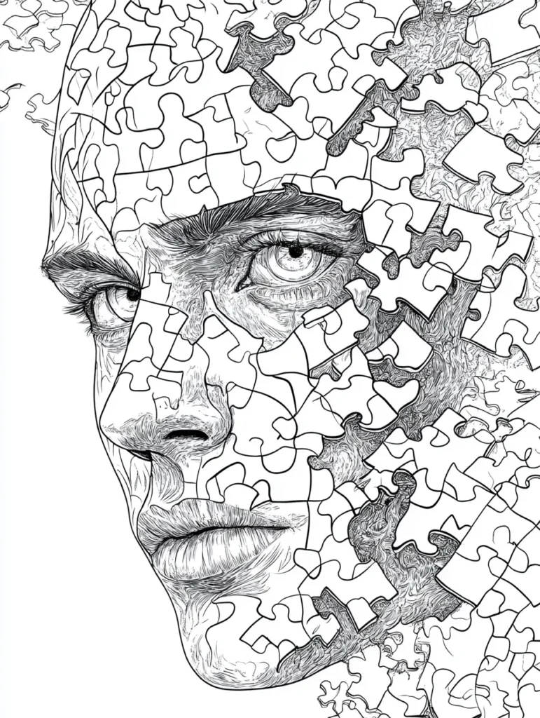 Coloriage d'un visage humain en pièces de puzzle, prêt à être colorié.