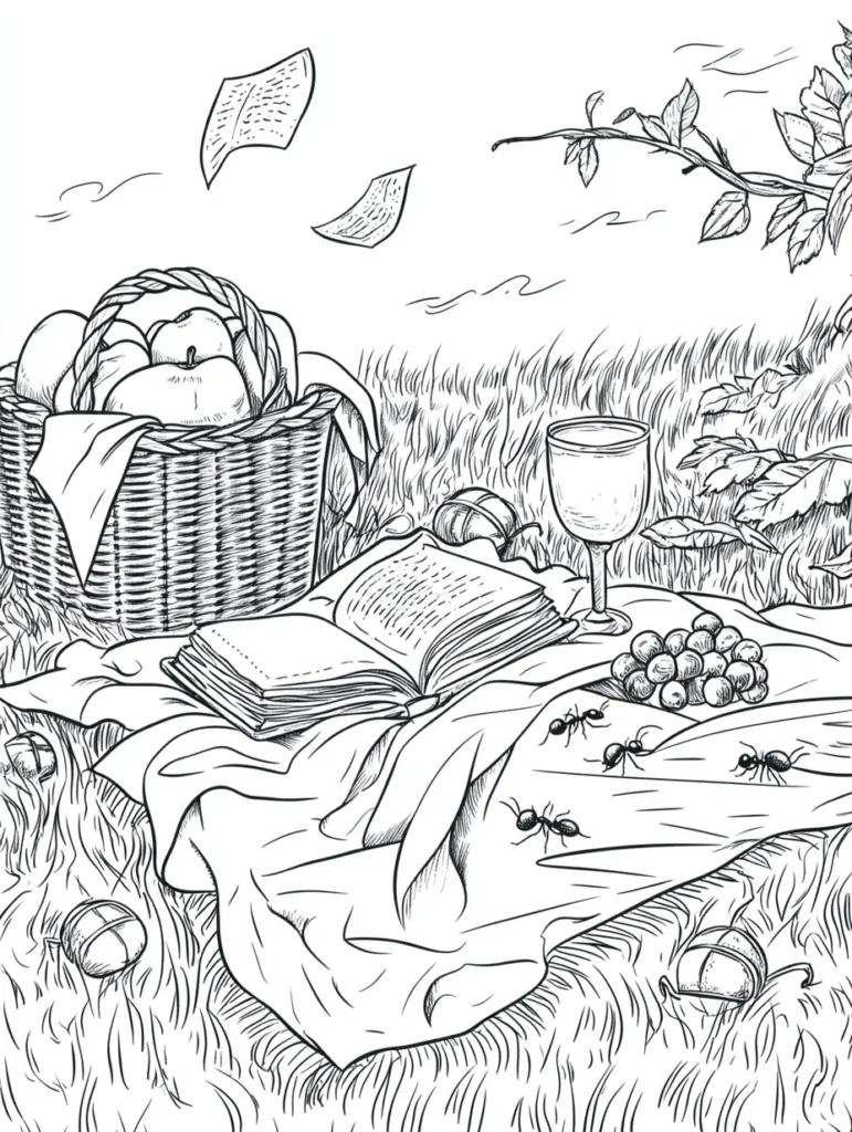 Coloriage représentant un pique-nique en pleine nature avec panier, livre, verre et raisins.