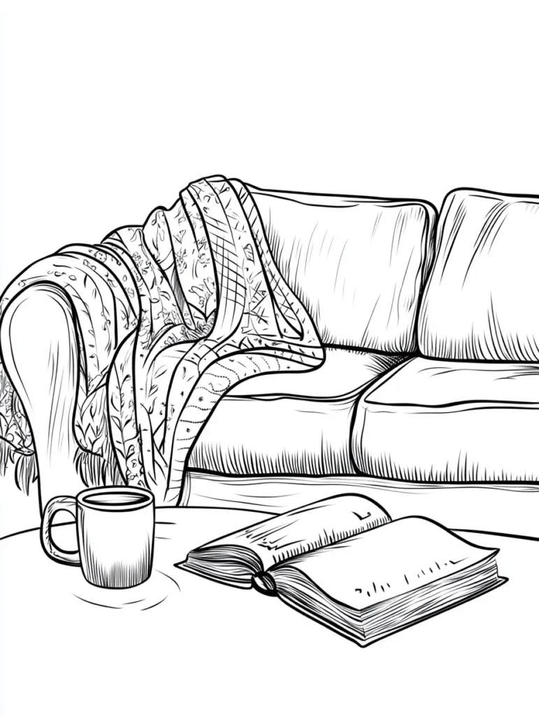 Coloriage représentant un séjour confortable avec un canapé, une tasse de café, et un livre ouvert, idéal pour se détendre.