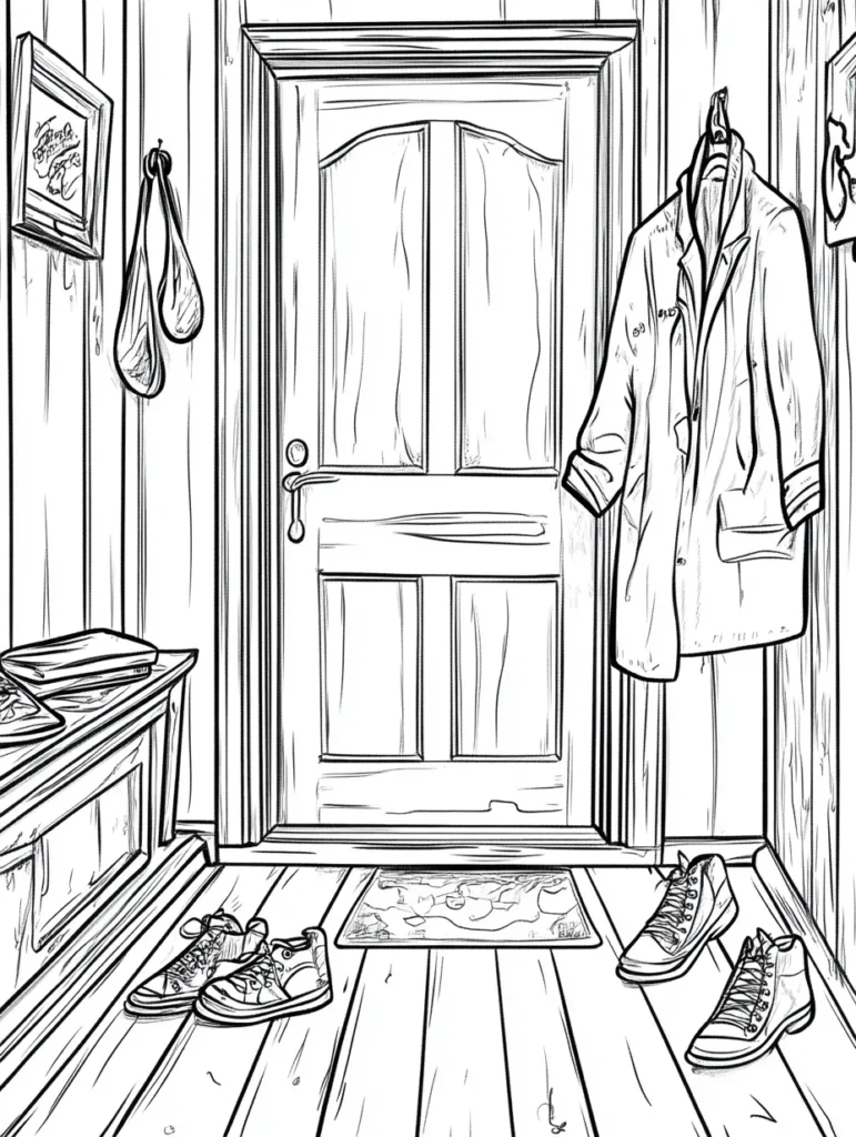 Coloriage représentant un hall avec un banc, une porte, un manteau et des chaussures.