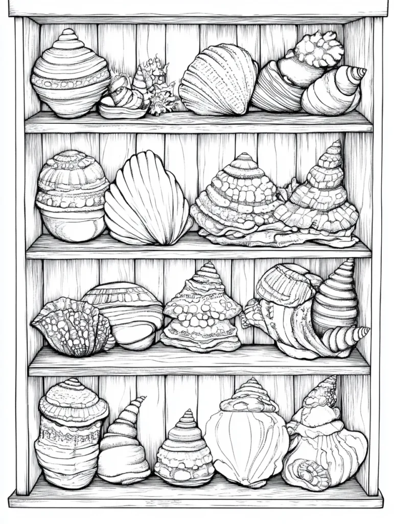 Coloriage représentant une étagère en bois avec divers coquillages de formes et tailles variées, chacun ayant des motifs distincts.