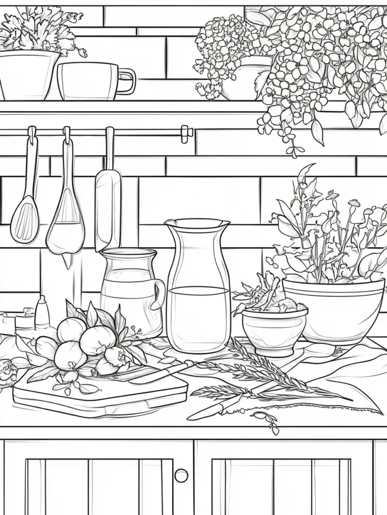 Coloriage représentant une scène de cuisine apaisante avec des fruits, des ustensiles et des plantes.