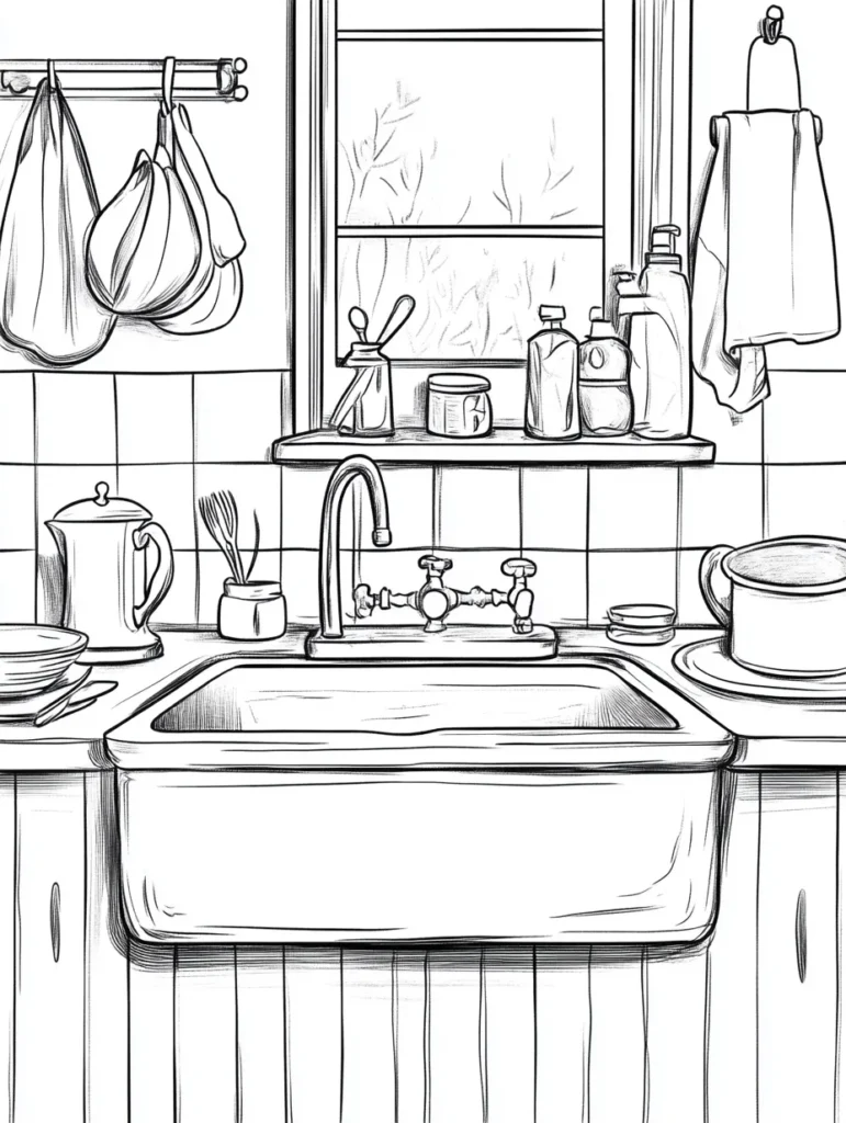 Coloriage pour adulte d'une cuisine vintage avec évier et étagère. Détails précis des objets de cuisine et ambiance chaleureuse.