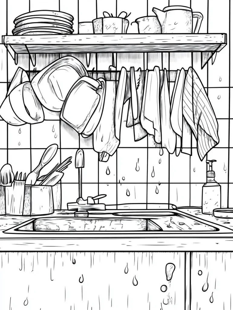Coloriage d'une cuisine avec évier, assiettes et ustensiles, conçu pour être colorié.