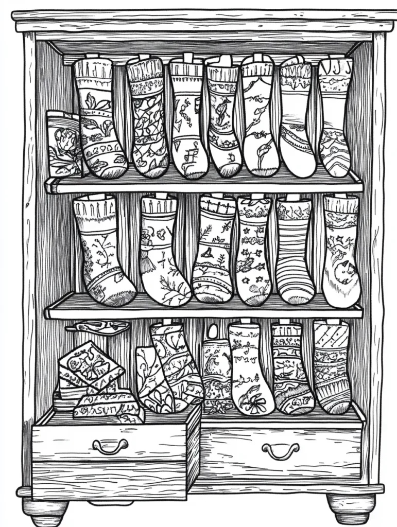 Coloriage d'une étagère en bois avec différentes chaussettes décorées, incluant motifs floraux et géométriques, prête à être coloriée.