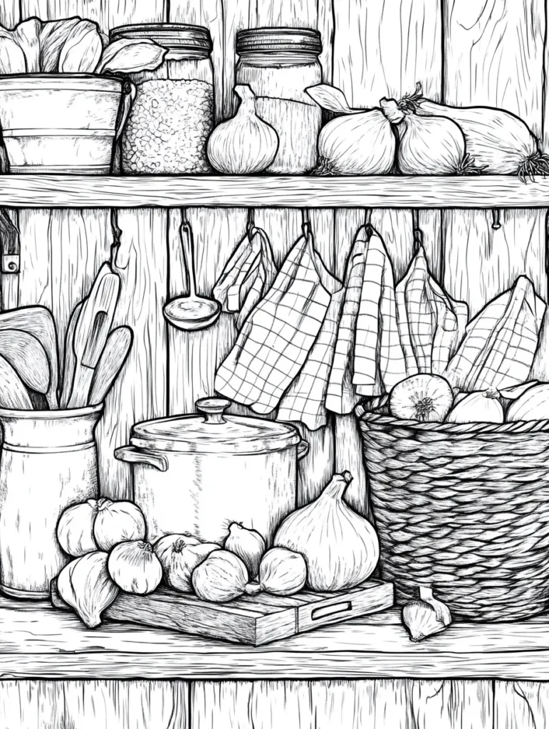 Coloriage pour adulte représentant une étagère de cuisine richement détaillée avec des bocaux, des oignons et des ustensiles de cuisine.