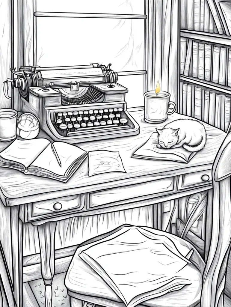 Coloriage représentant un intérieur chaleureux avec un bureau en bois, une machine à écrire vintage, des livres ouverts et un chat blanc paisiblement endormi.