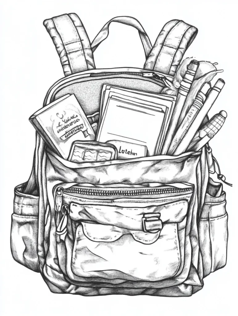 Coloriage d'un sac à dos rempli d'objets scolaires, parfait pour les enfants.
