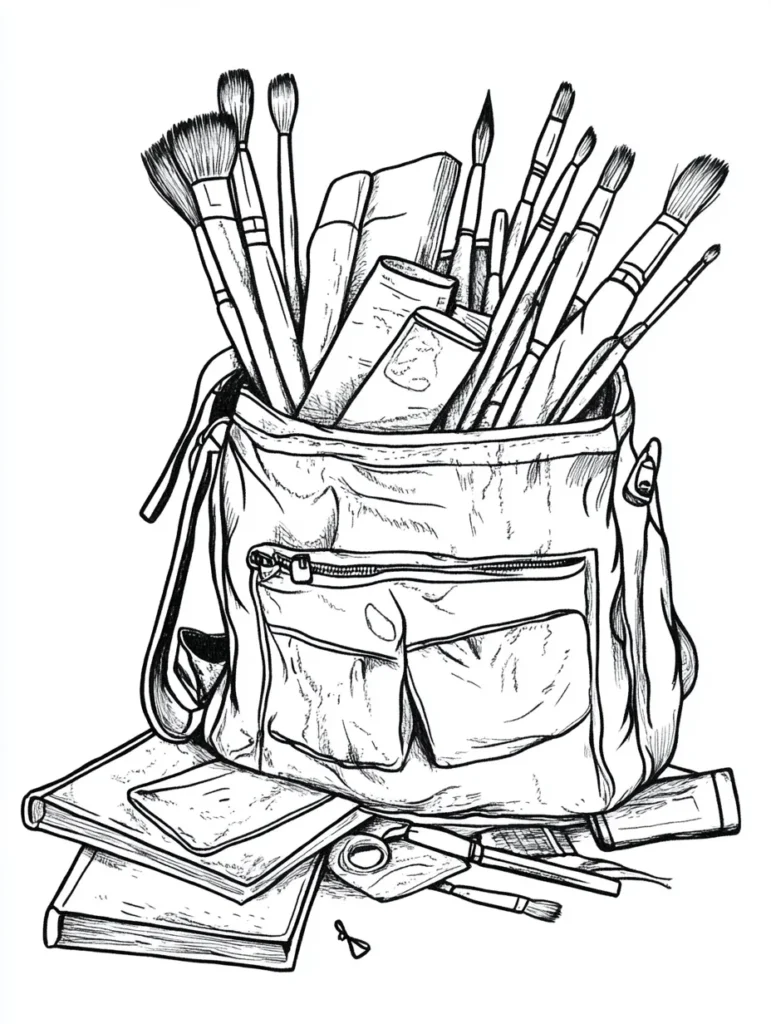 Coloriage d'un sac à dos rempli d'outils artistiques et de fournitures scolaires, avec pinceaux, tubes de peinture et carnets de croquis.