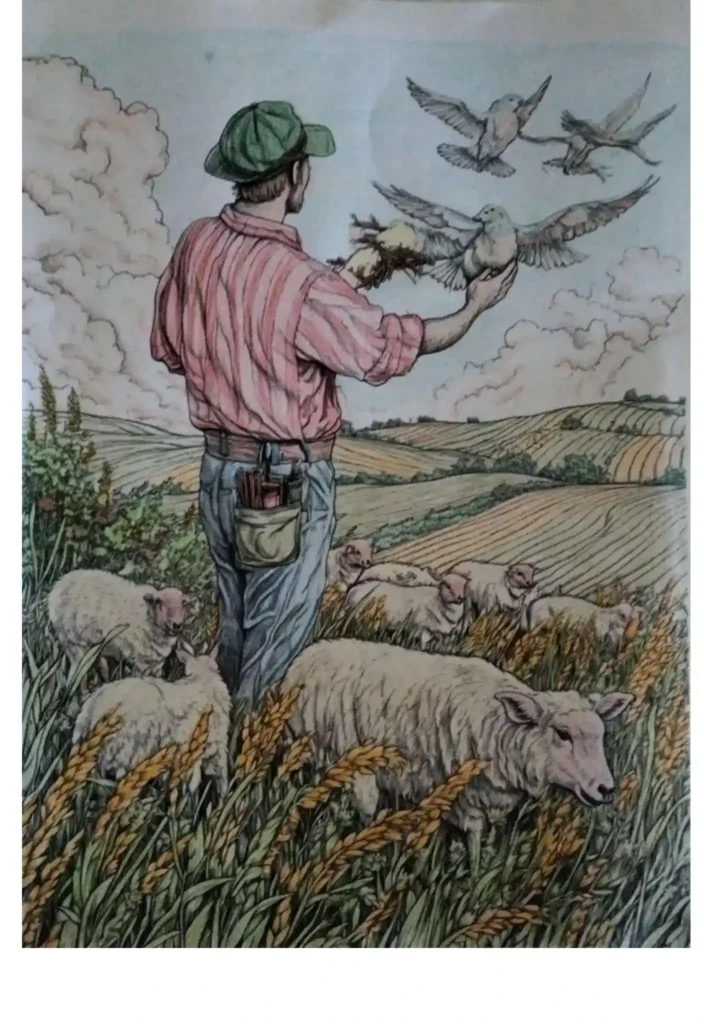 coloriages : fermier dans un champ avec des moutons et des oiseaux, paysage rural en couleur