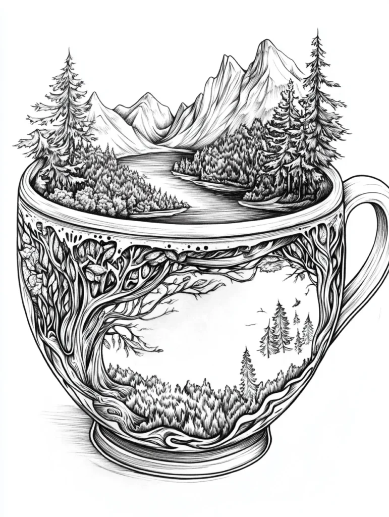 Coloriage d'une grande tasse ornée de motifs avec un paysage de montagnes, de forêts et d'un lac à l'intérieur, dans un style artistique et détaillé.