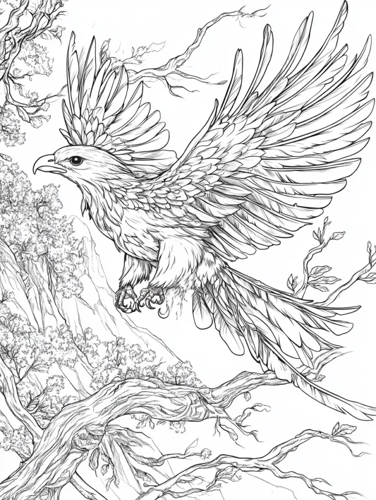Coloriage d'un aigle majestueux en vol, entouré de branches d'arbres et de montagnes en arrière-plan.