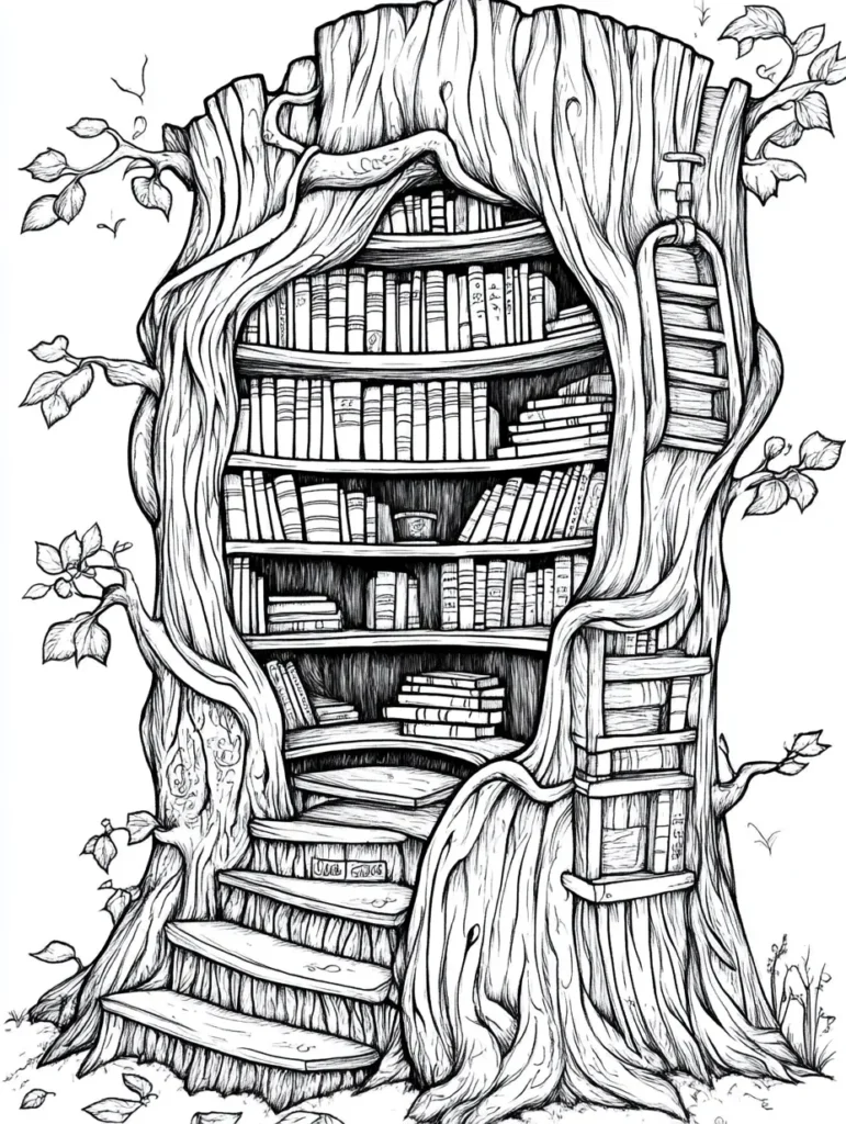 Coloriage représentant un arbre creux transformé en bibliothèque avec étagères et livres.