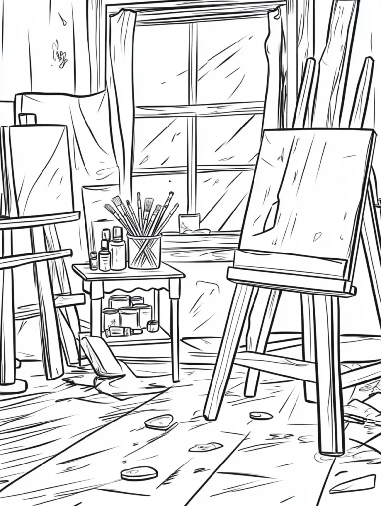 Coloriage représentant un atelier d'artiste avec des chevalets, pots de peinture et une ambiance créative.