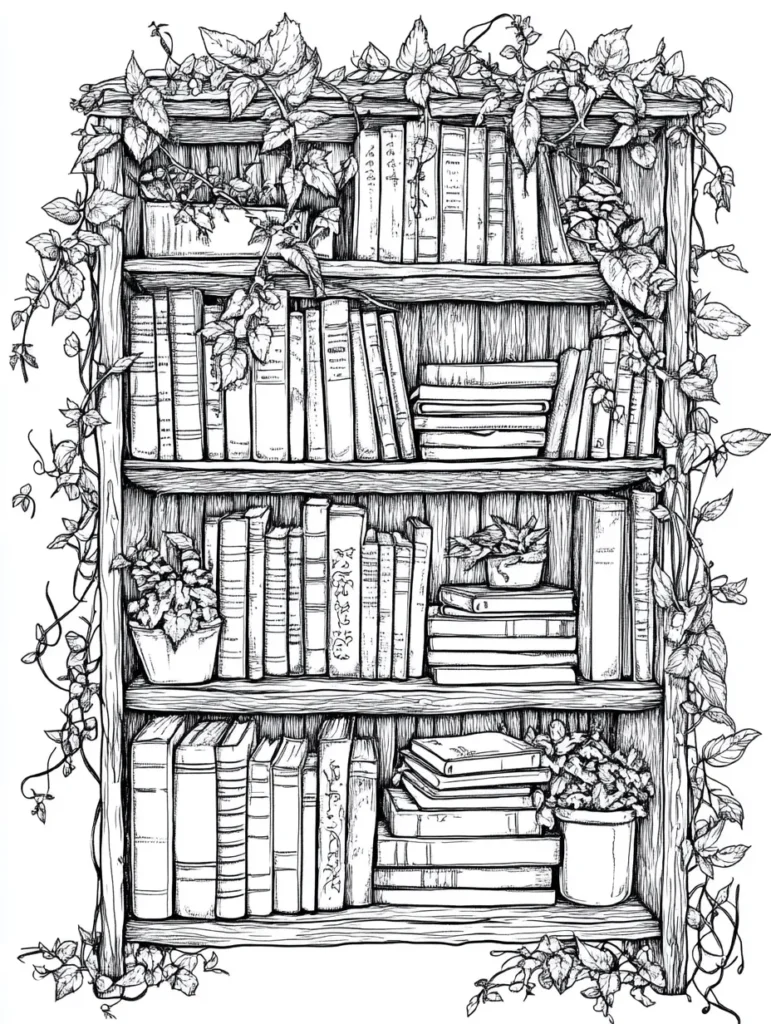 Coloriage d'une bibliothèque en bois remplie de livres et entourée de lianes vertes, parfaite pour les amateurs de dessins à imprimer.