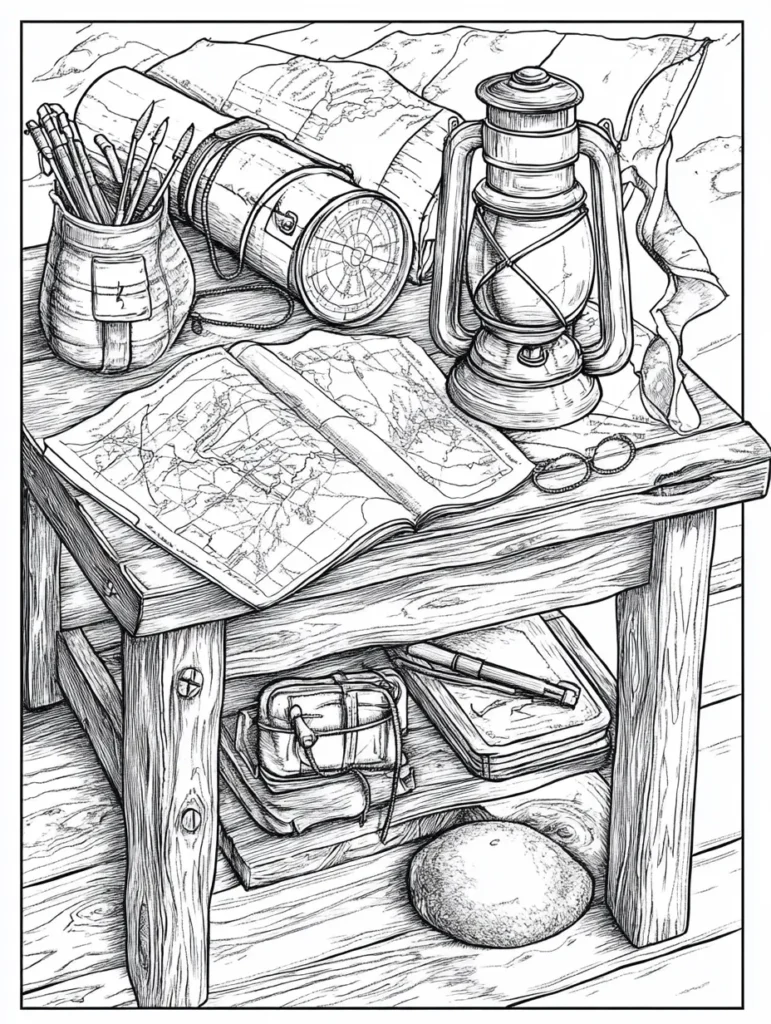 Coloriage représentant un bureau rustique avec des objets d'exploration tels qu'une boussole et un livre ouvert.
