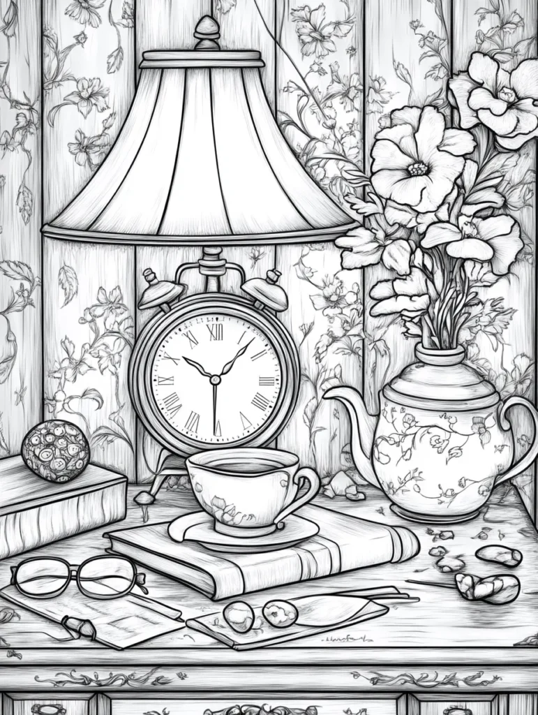 Coloriage d'un bureau décoratif avec des éléments floraux, une lampe, une horloge et un service à thé pour les adultes.