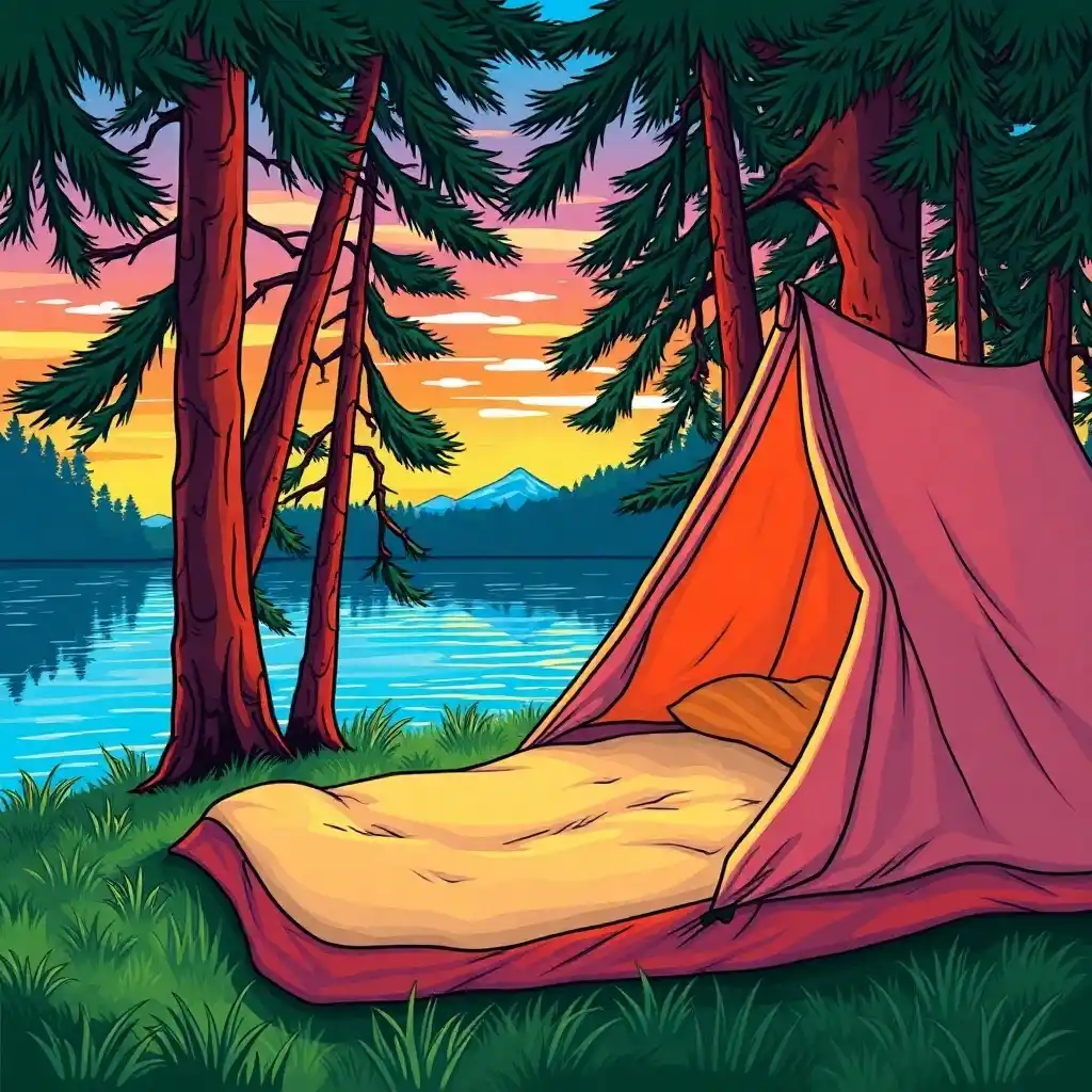 Une scène de camping sereine au bord d'un lac, avec une tente ouverte et un coussin beige sur l'herbe, illuminée par le coucher de soleil.