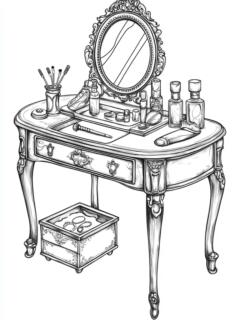 Coloriage d'une coiffeuse élégante et ornée avec des objets de beauté disposés sur le plateau.