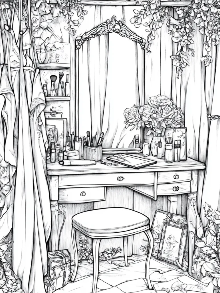 Coloriage représentant une coiffeuse en bois élégante, décorée avec des objets de beauté, ambiance intime et naturelle.