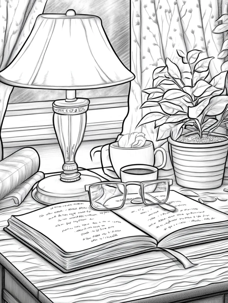 Coloriage représentant un coin cosy avec un livre ouvert, des lunettes, une tasse et des plantes.