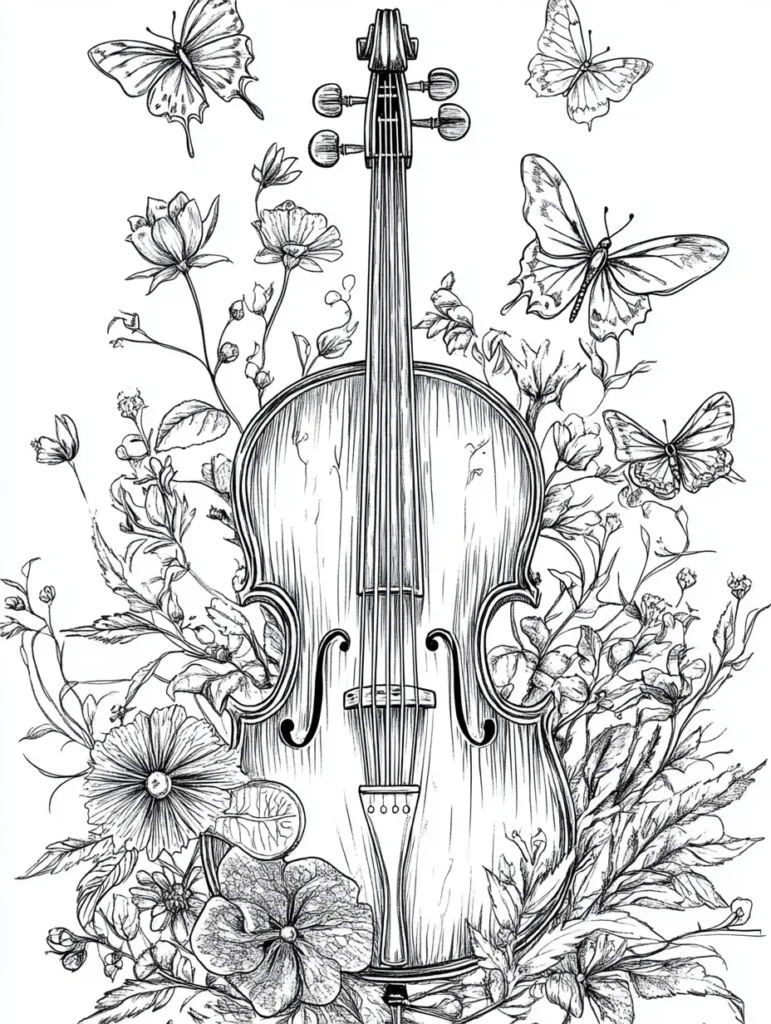 Coloriage à imprimer pour adulte représentant un violon entouré de fleurs et de papillons, invitant à la créativité.