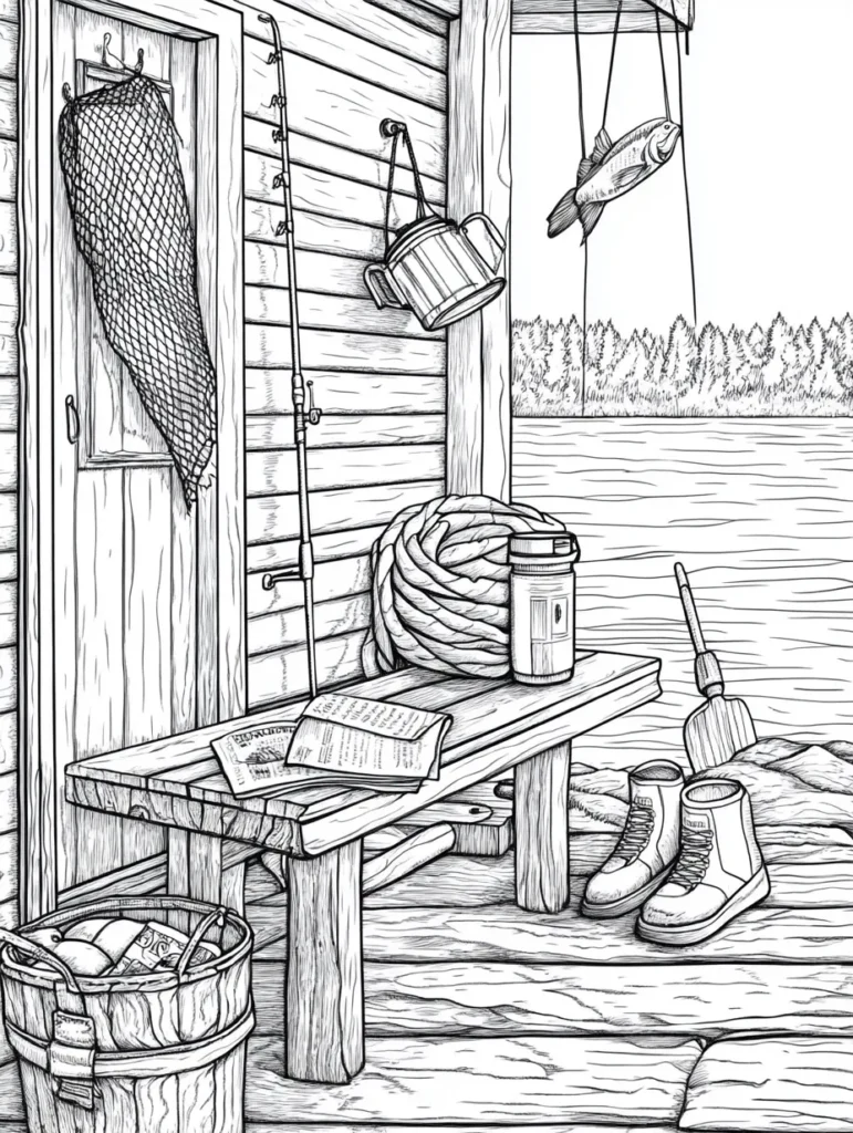Coloriage d'un quai en bois au bord d'un lac avec des éléments de pêche.