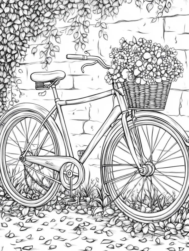 Coloriage en noir et blanc d'une bicyclette élégante contre un mur en briques, entourée de feuilles vertes et de fleurs colorées.