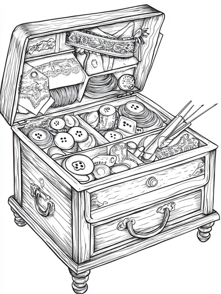 Coloriage détaillé d'une boîte à couture en bois remplie d'accessoires variés.
