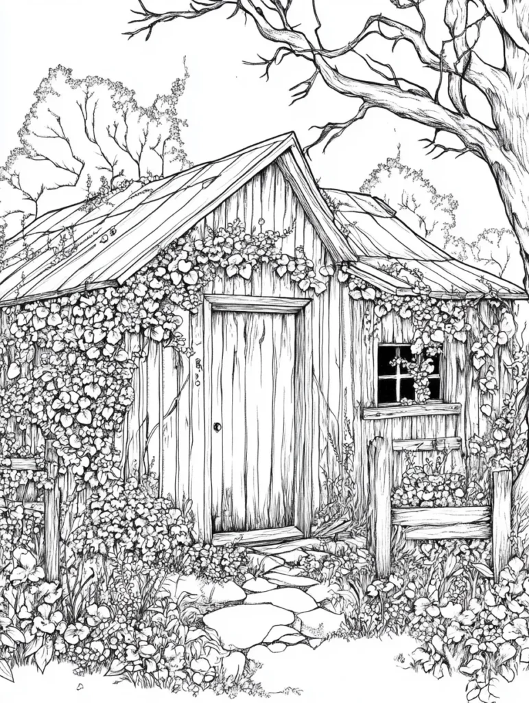 Coloriage d'une petite cabane rustique entourée de végétation, avec des détails de plantes grimpantes, une porte en bois fermée et une fenêtre à petits carreaux, le tout sur un sol en pierres.