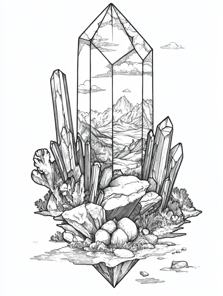 Coloriage représentant un cristal majestueux avec un paysage montagneux à l'intérieur, entouré de cristaux plus petits et de pierres.