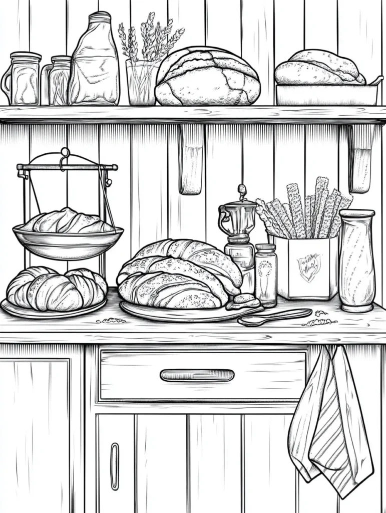 Coloriage représentant une scène de cuisine avec des aliments et des ustensiles sur une étagère en bois.