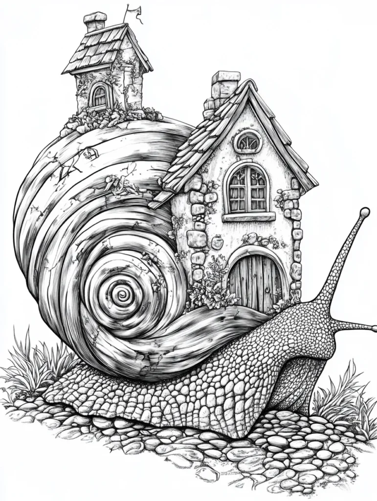 Dessins d'un gros escargot avec une coquille en forme de maison, entouré de végétation et de pierres.