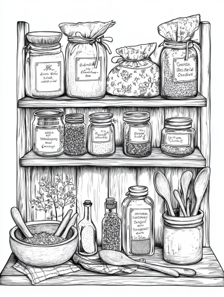 Coloriage d'une étagère en bois rustique avec bocaux et contenants, idéal pour les adultes.