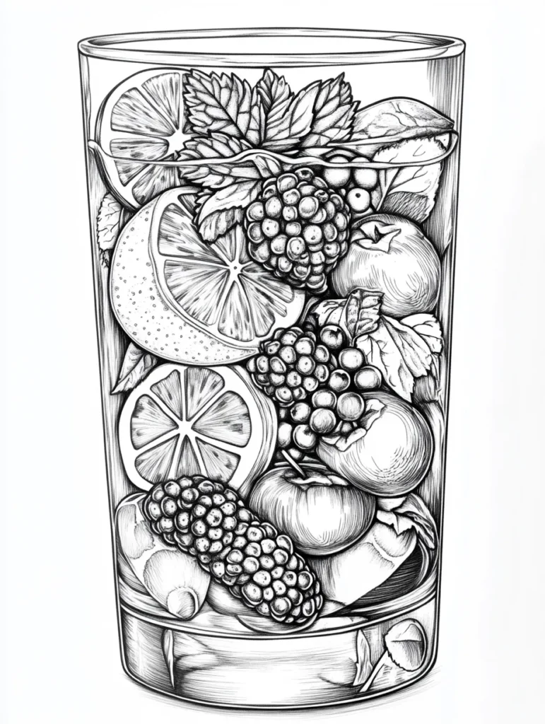 Coloriage d'un grand verre rempli de fruits frais, incluant des oranges, des baies et des tranches de citron, parfait pour les enfants.