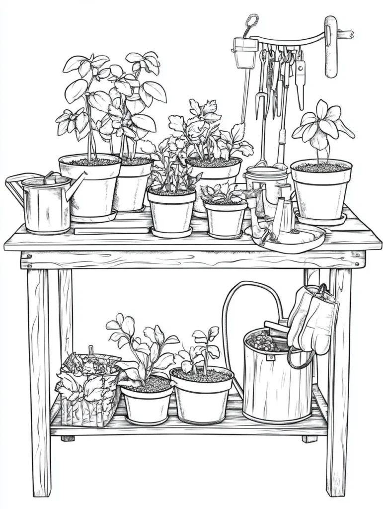 Coloriage représentant un étalage de jardinage avec pots de fleurs, un arrosoir, et des outils de jardinage.