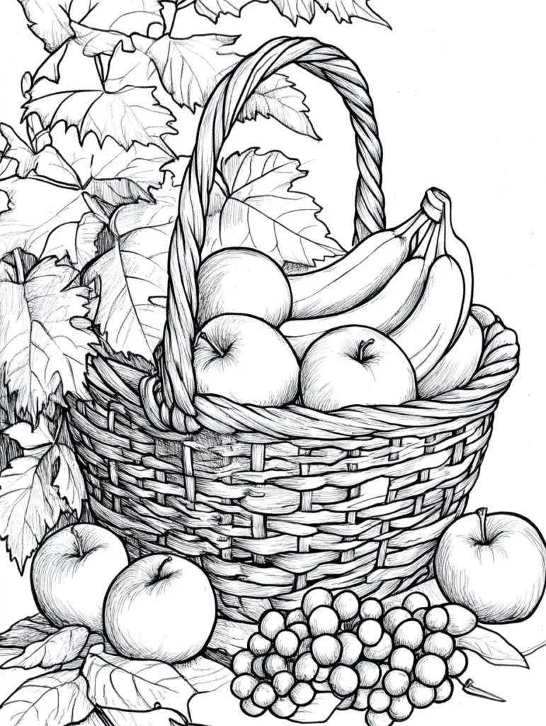 Coloriage d'un panier en osier rempli de fruits variés, comprenant des bananes, des pommes et des raisins, entourés de feuilles de vigne.