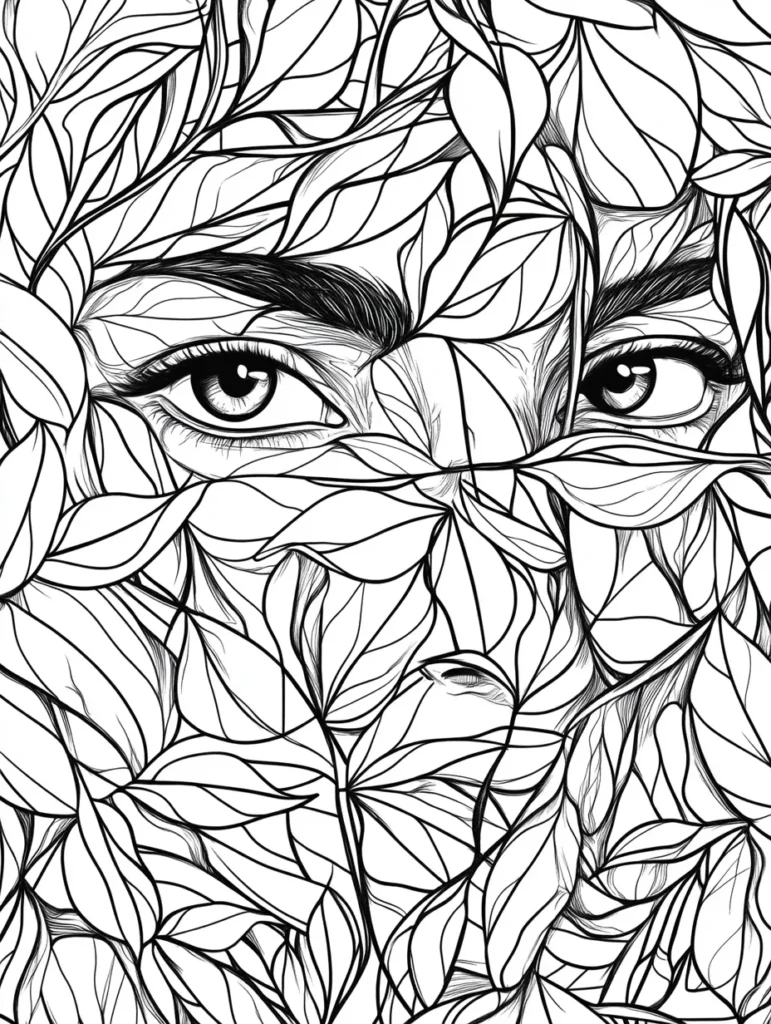 Coloriage représentant un visage humain dissimulé derrière des feuilles, avec des yeux expressifs et des détails naturels dans les éléments de la nature.
