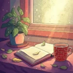 Un coin cosy près d'une fenêtre avec une tasse rouge brique, une plante verte et un livre ouvert sur une table en bois clair.