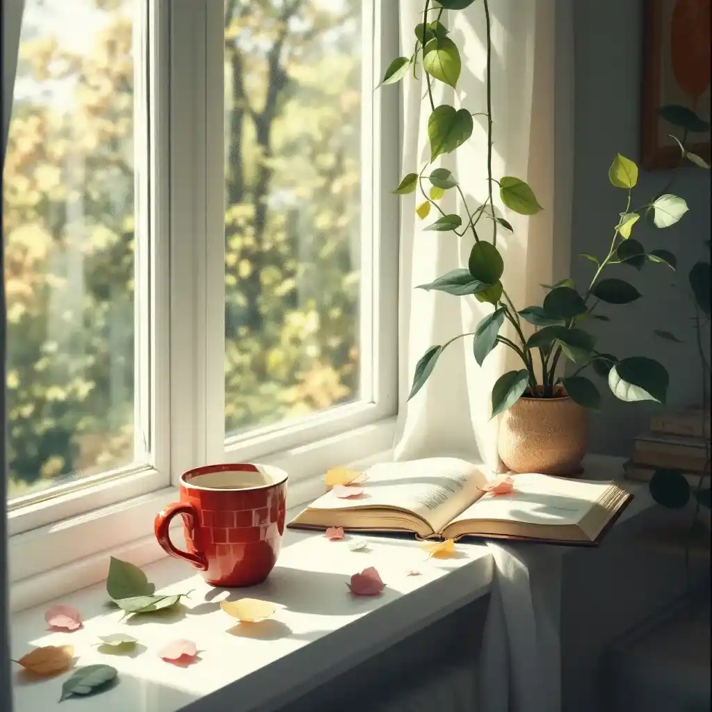 Un coin cosy près d'une fenêtre avec une tasse rouge brique, une plante verte et un livre ouvert sur une table en bois clair.