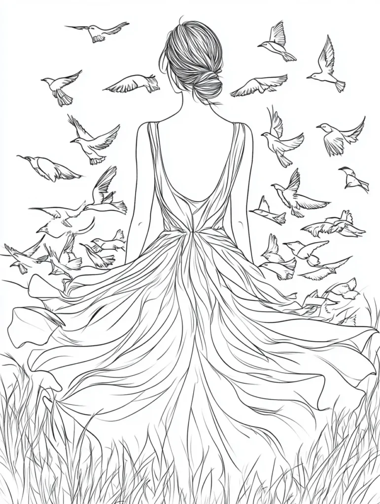 Coloriage à imprimer d'une femme debout dans un champ verdoyant avec des oiseaux volant.