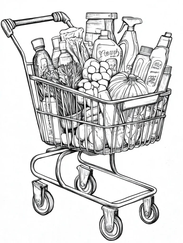 Coloriage d'un caddie de courses rempli d'articles variés