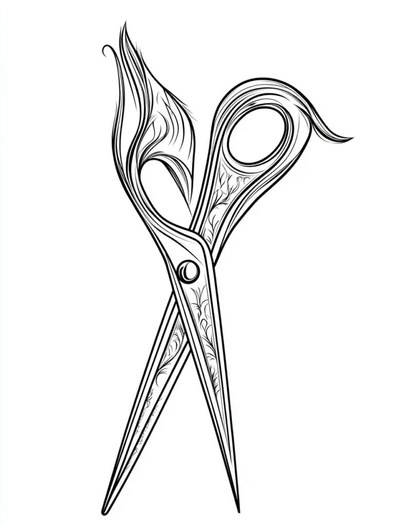 Coloriage représentant des ciseaux artistiques en noir et blanc, avec des motifs détaillés sur les poignées et une sensation de créativité.