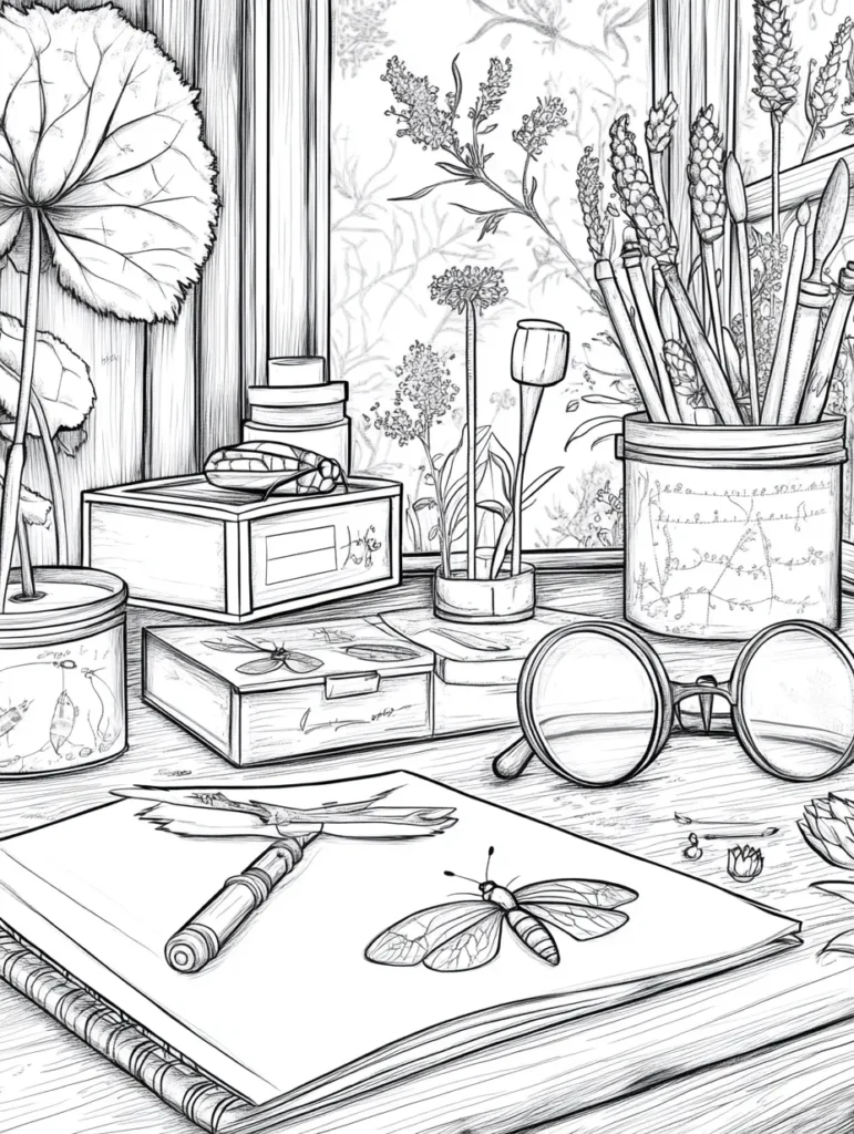 Coloriage représentant une scène de bureau avec des objets comme un carnet, un stylo, et des lunettes, favorisant la créativité.