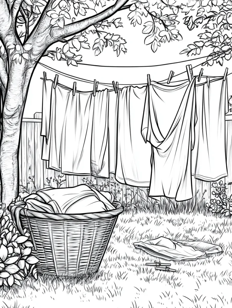 Coloriage pour adulte représentant une scène paisible dans un jardin avec un arbre, une ligne à linge et un panier de vêtements.
