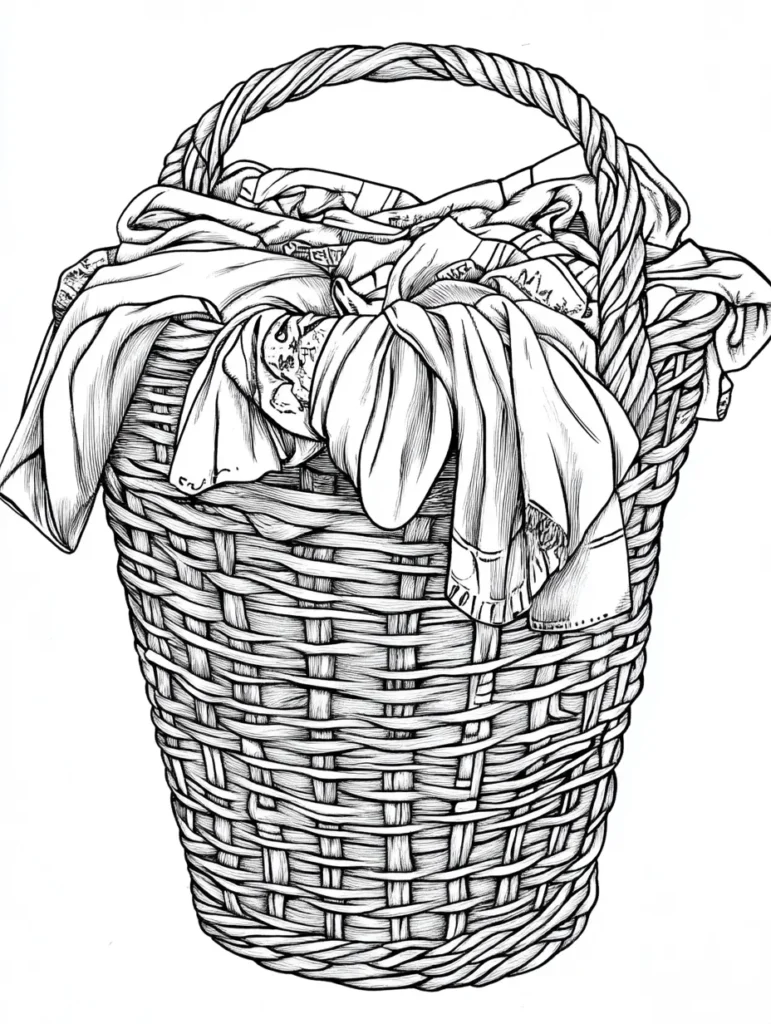 Coloriage d'un panier en osier rempli de tissus, offrant une texture riche et diversifiée.