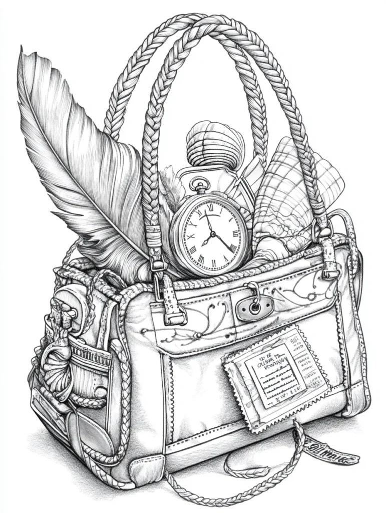 Coloriage d'un sac à main élégant rempli d'objets divers, dont une montre vintage, une bouteille chic, des coquillages et une plume, le tout avec des motifs brodés raffinés.