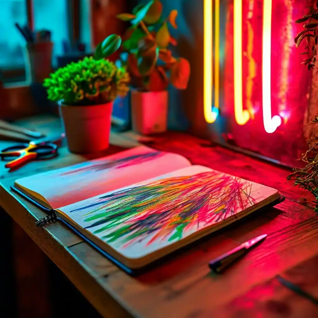 Un coin de table en bois avec un carnet ouvert, des esquisses colorées, des ciseaux artistiques et une petite plante verte sous une lumière douce.