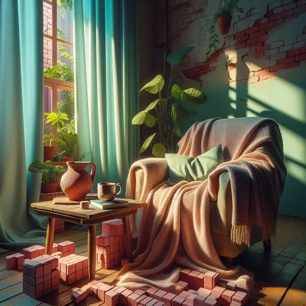 Un fauteuil confortable près d'une fenêtre, drapé d'un plaid beige sable, avec une tasse rouge brique sur une table en bois.
