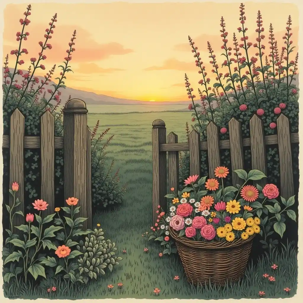 Un jardin paisible avec une clôture en bois, des fleurs sauvages dans un panier, et un ciel pastel au crépuscule.
